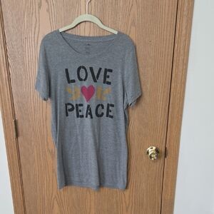 NATURAL LIFE Gray "LOVE PEACE" Short Sleeve Tee with Pink Heart and Gold Accents